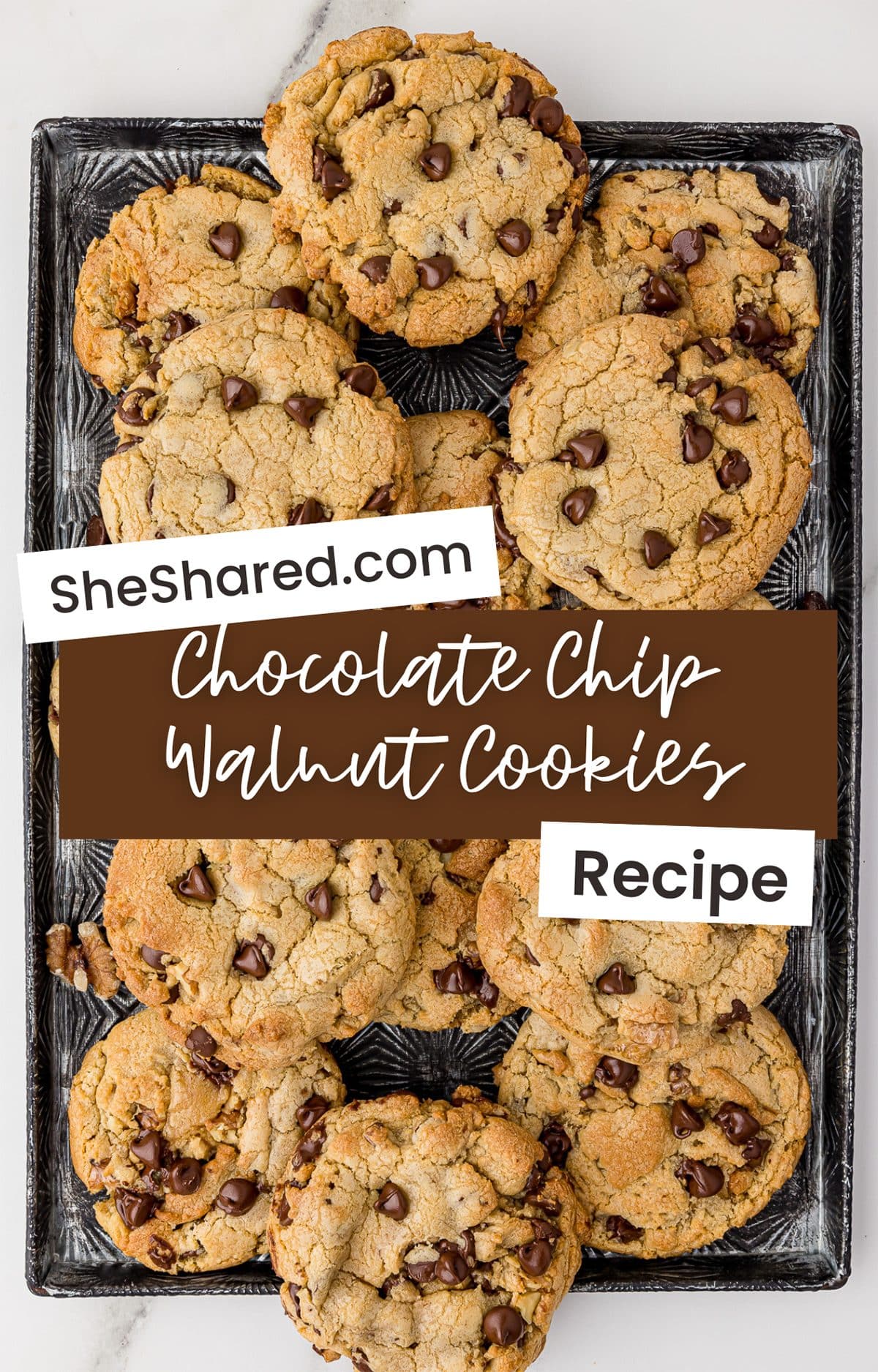 A dozen chocolate chip walnut cookies on an Ekco Vintage cookie sheet with SheShared.com chocolate chip walnut cookies recipe written on the image. 