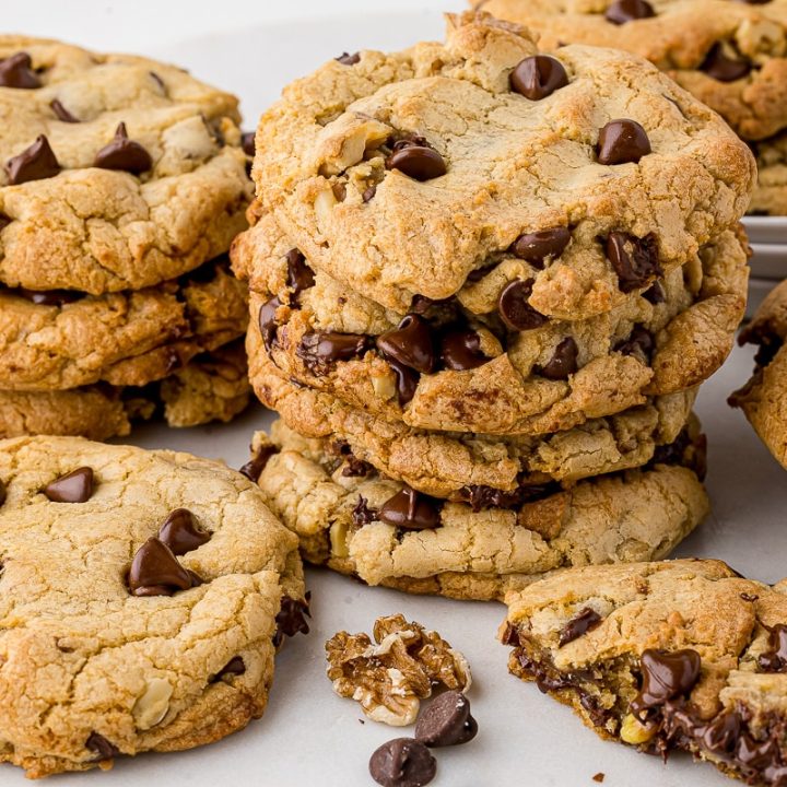Close up of chocolate chip walnut cookies