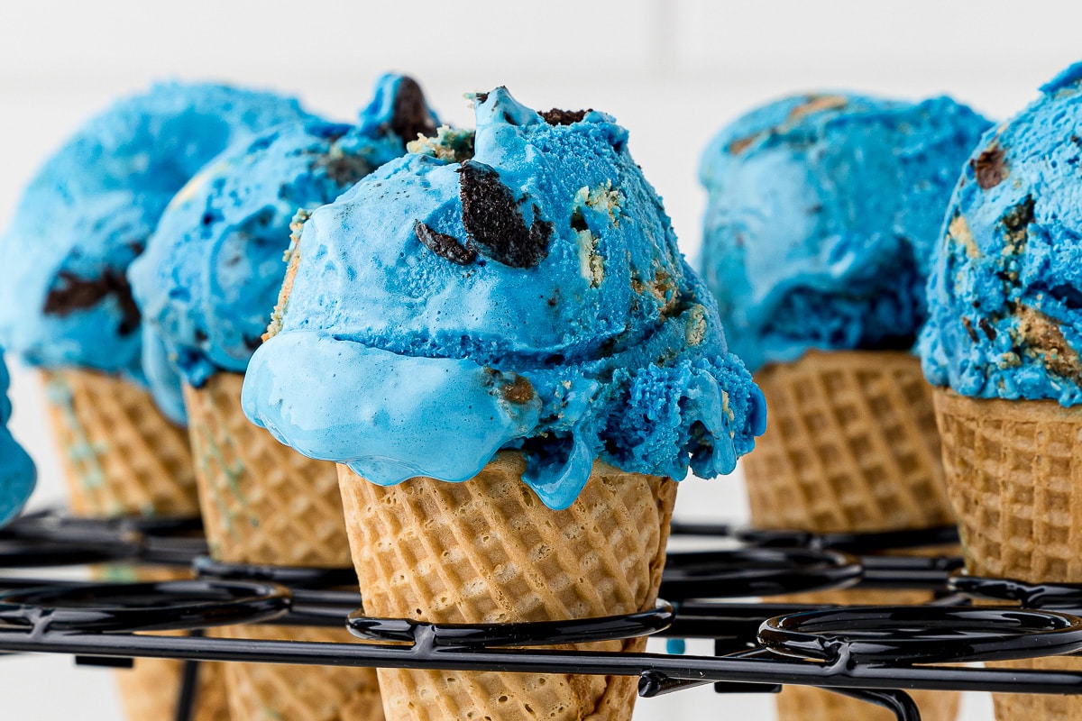 Close up of blue cookie monster ice cream in sugar cones in a metal ice cream holder 
