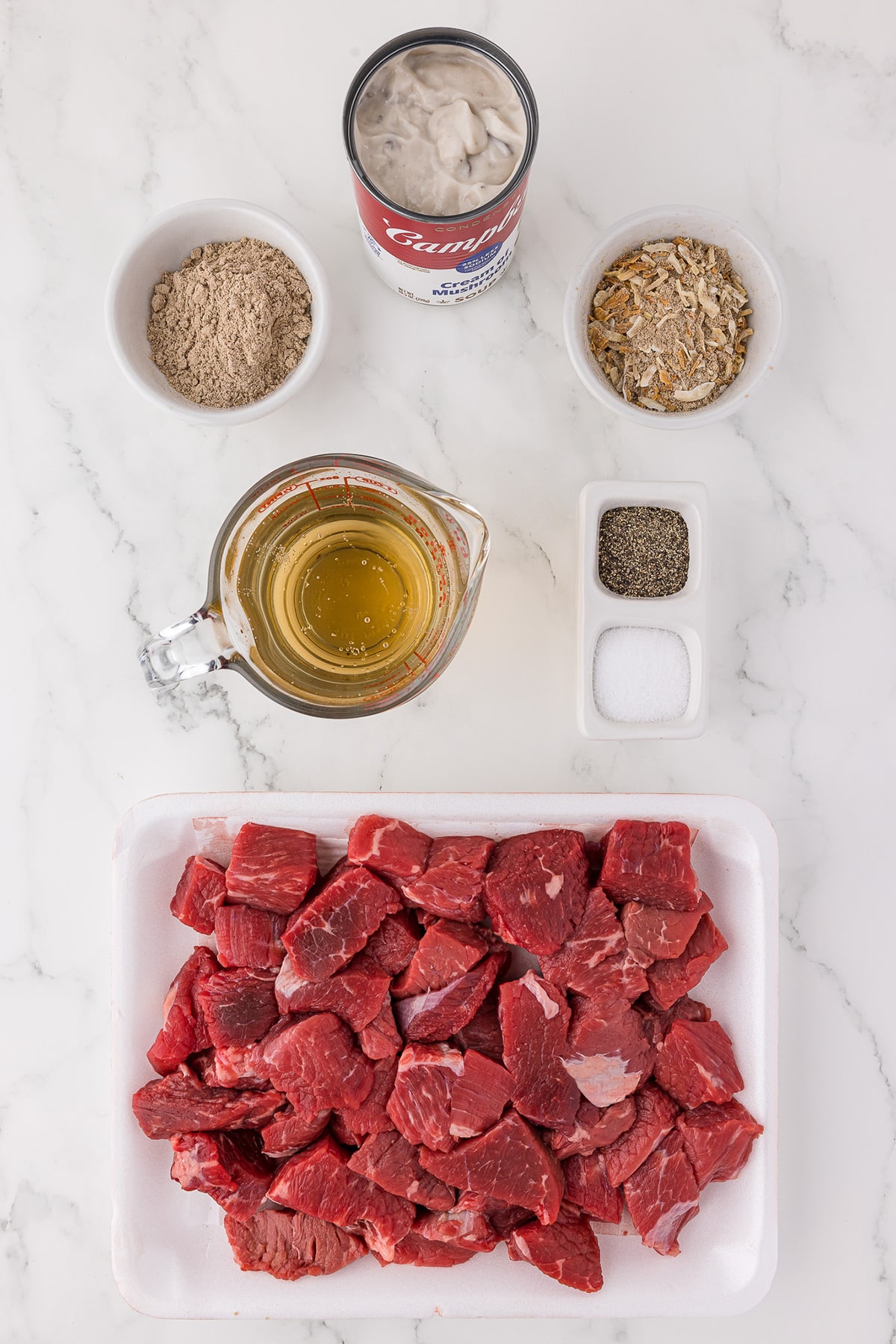 stew beef, and bowls of ingredients for no peek beef tips