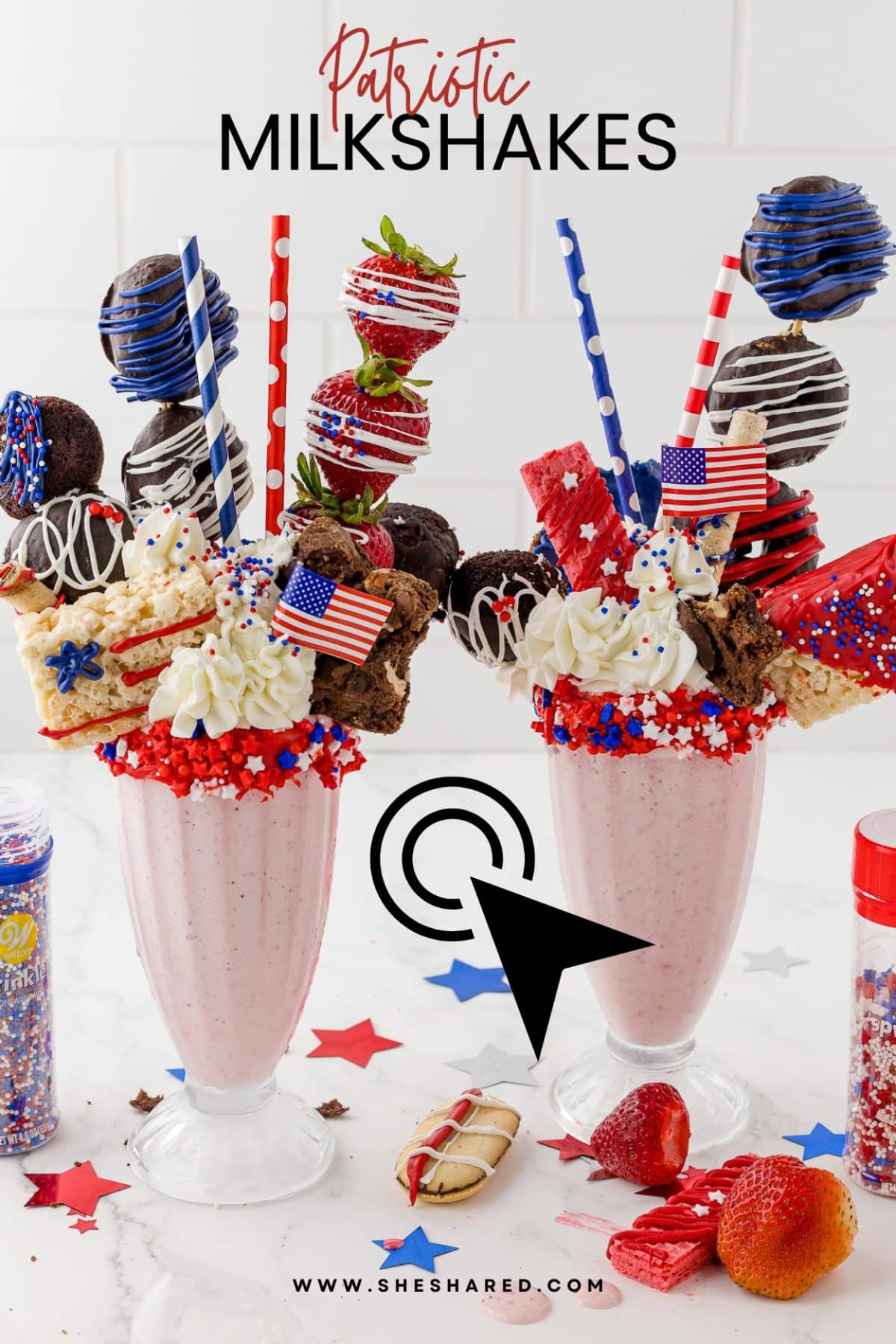 pinterest image of two strawberry shakes with patriotic themed cookies stacked on top.