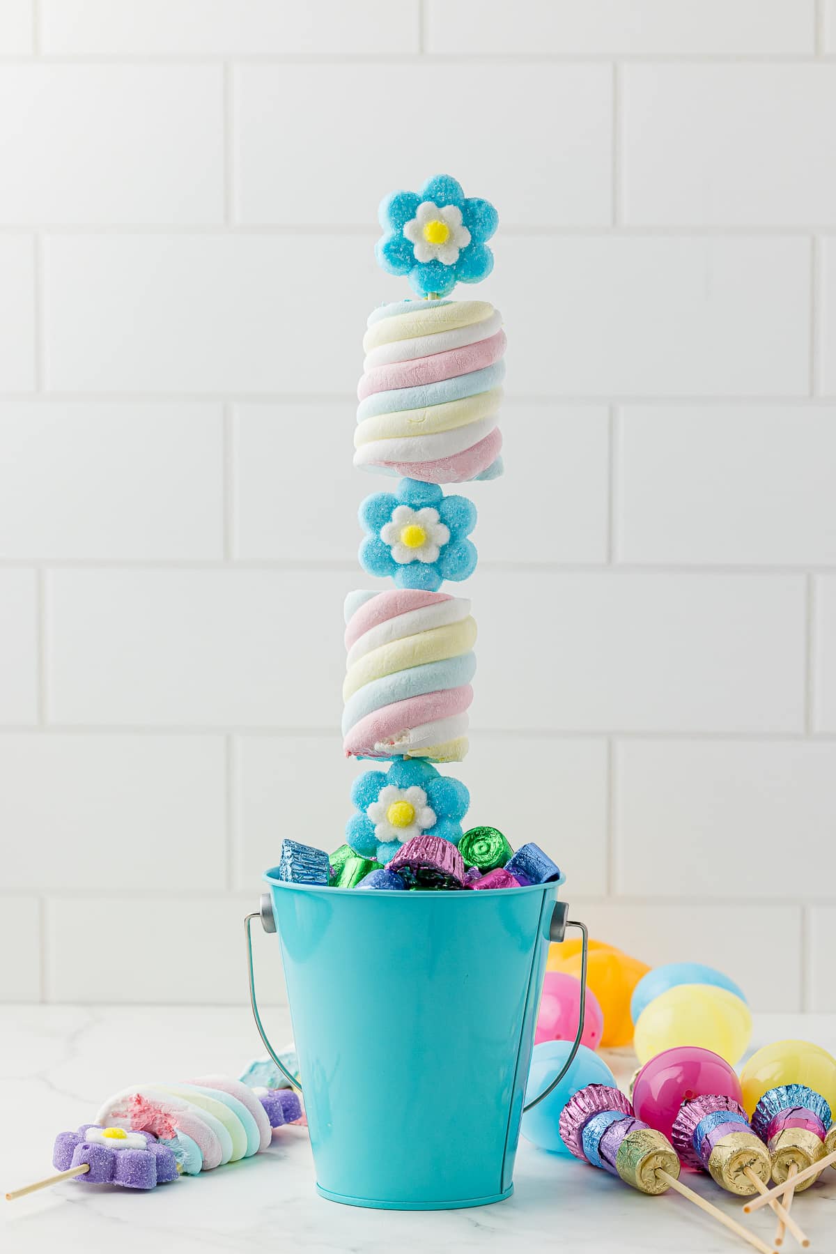one candy kabob made with Walmart marshmallow candy flowers