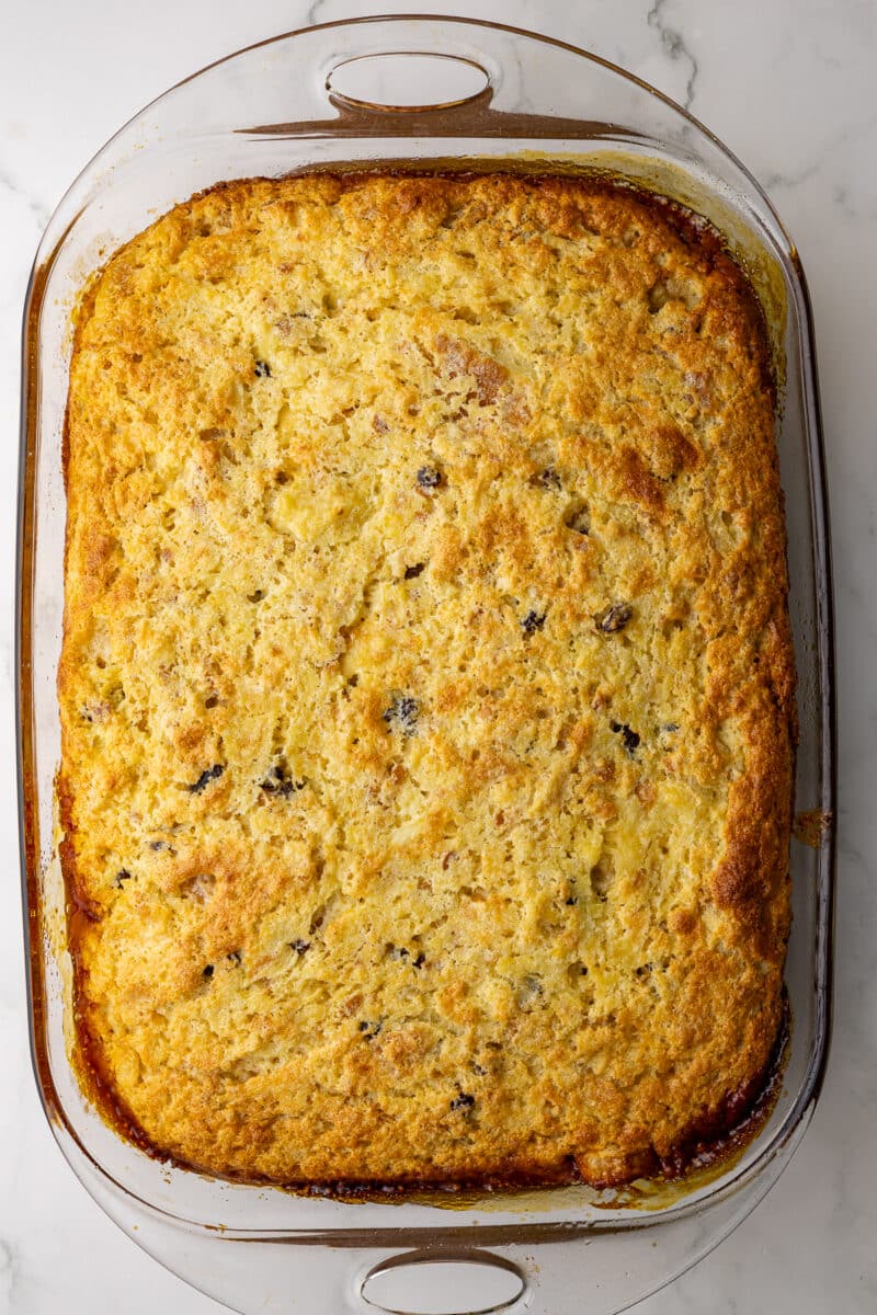 cooked bread pudding in a glass pyrex 9x13 deep dish pan