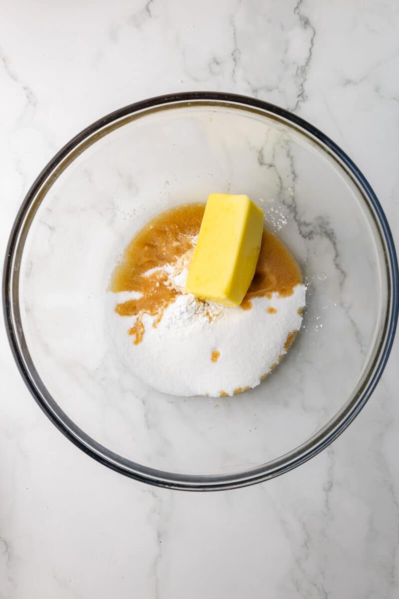 butter, vanilla, sugar in a glass bowl