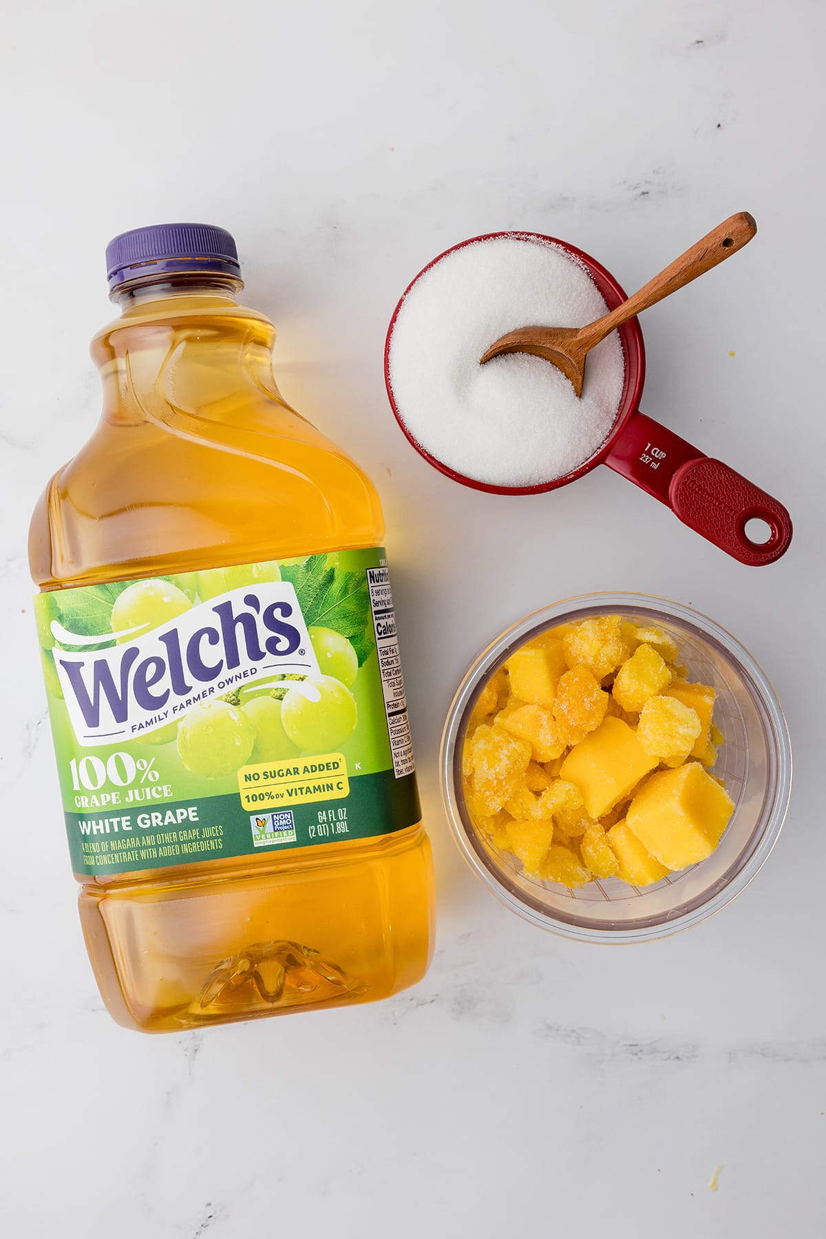 Welch's white grape juice, mango chunks, and white sugar