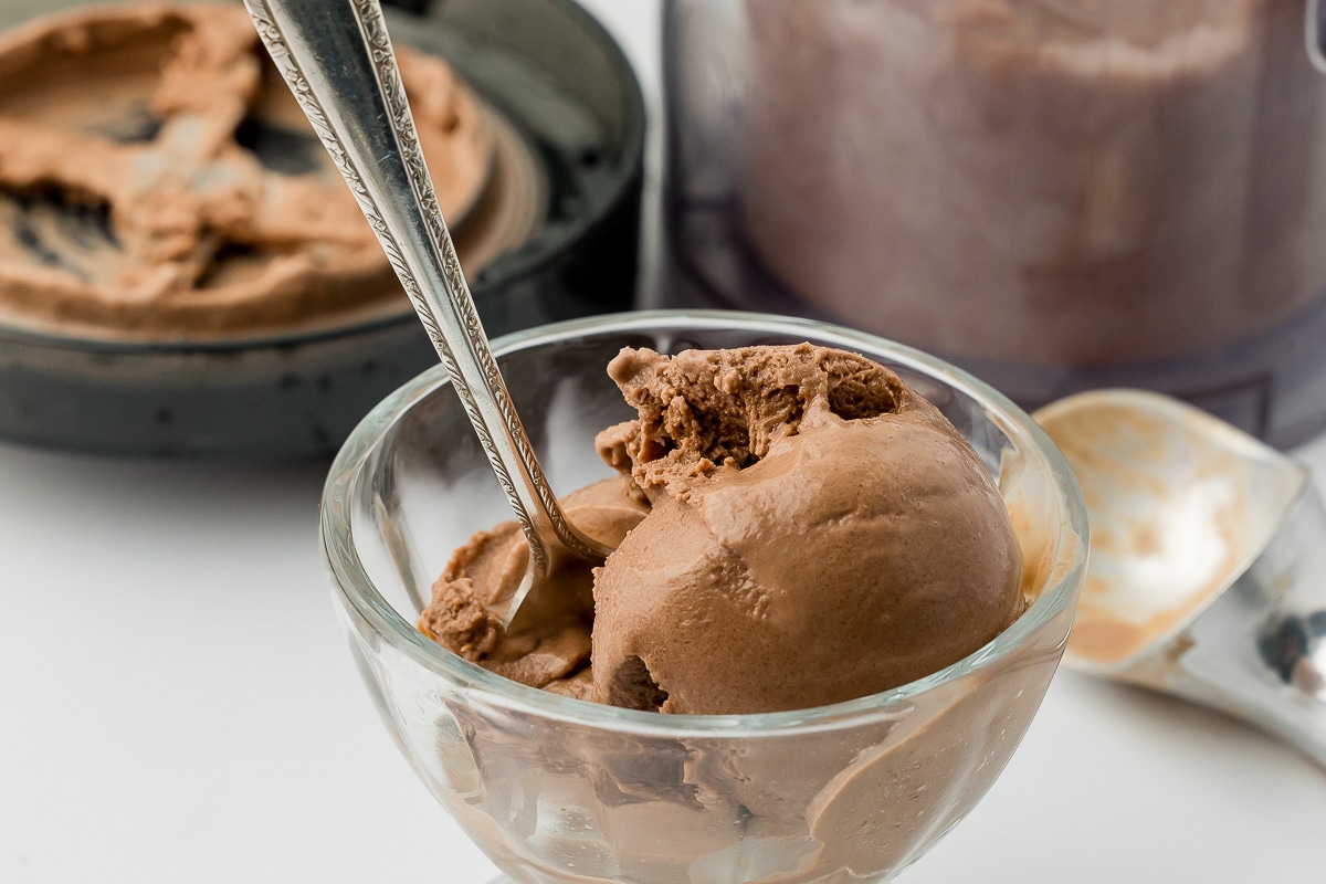 scoop of chocolate ice cream in an ice cream sundae bowl with a silver spoon