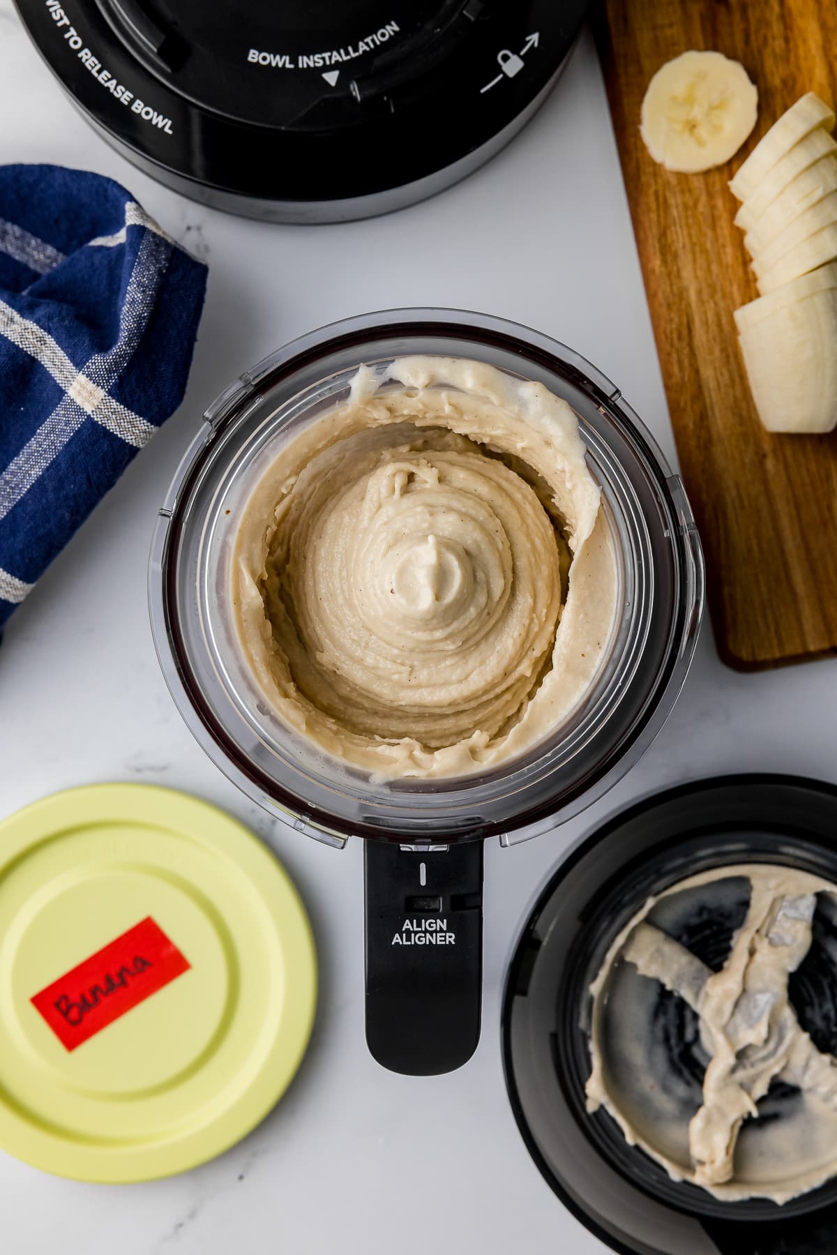 Aerial photo of newly blended tan ice cream in the Ninja Creami pint container