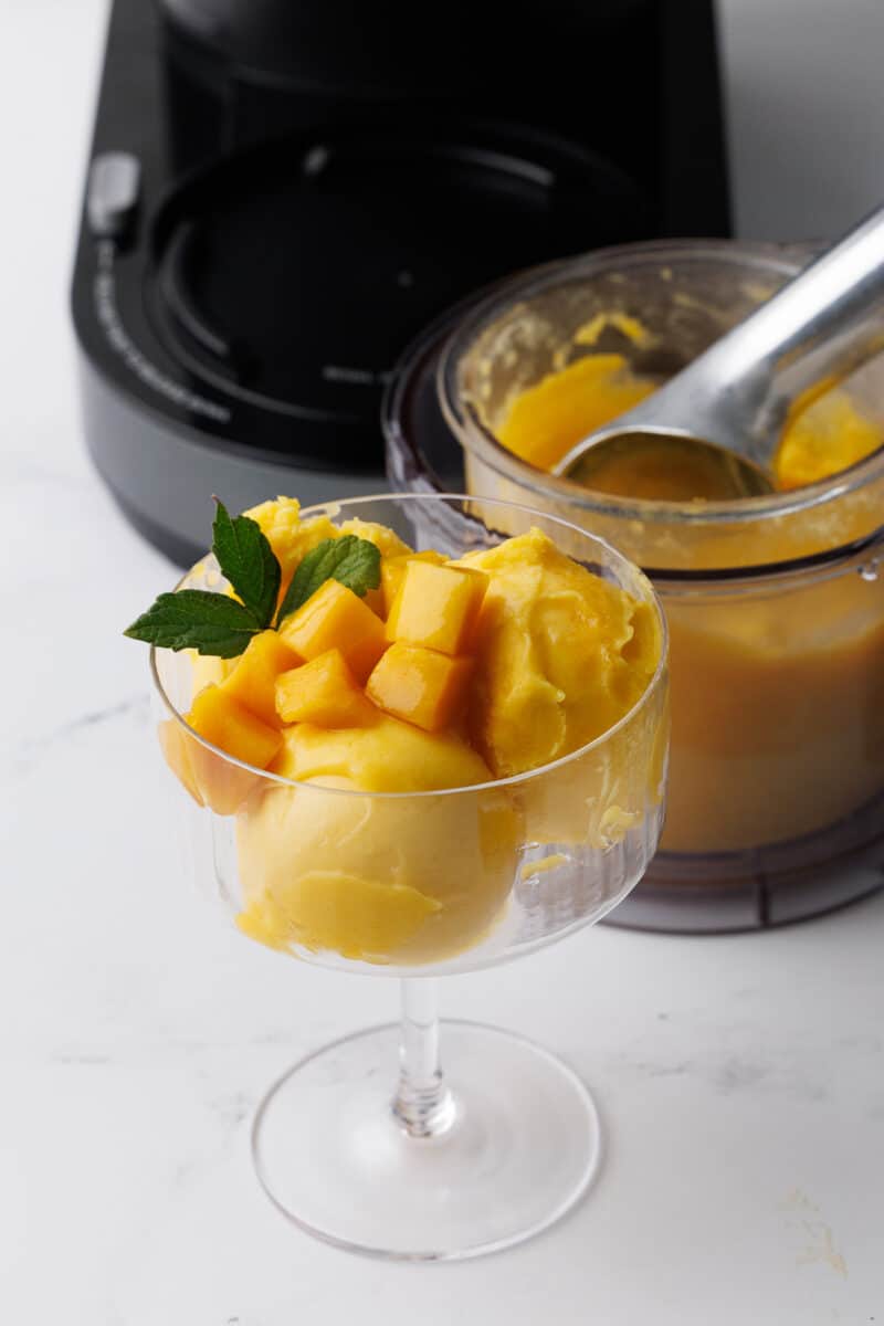 mango sorbet in a champagne flute with chunks of mango and mint leaves