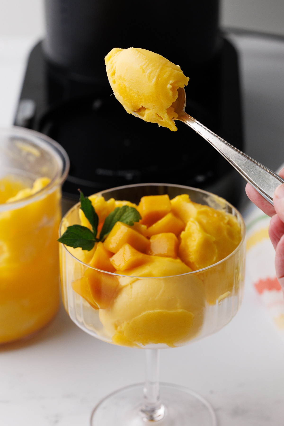 mango ninja creami sorbet on a spoon with a champagne glass full of the sorbet and mint leaves