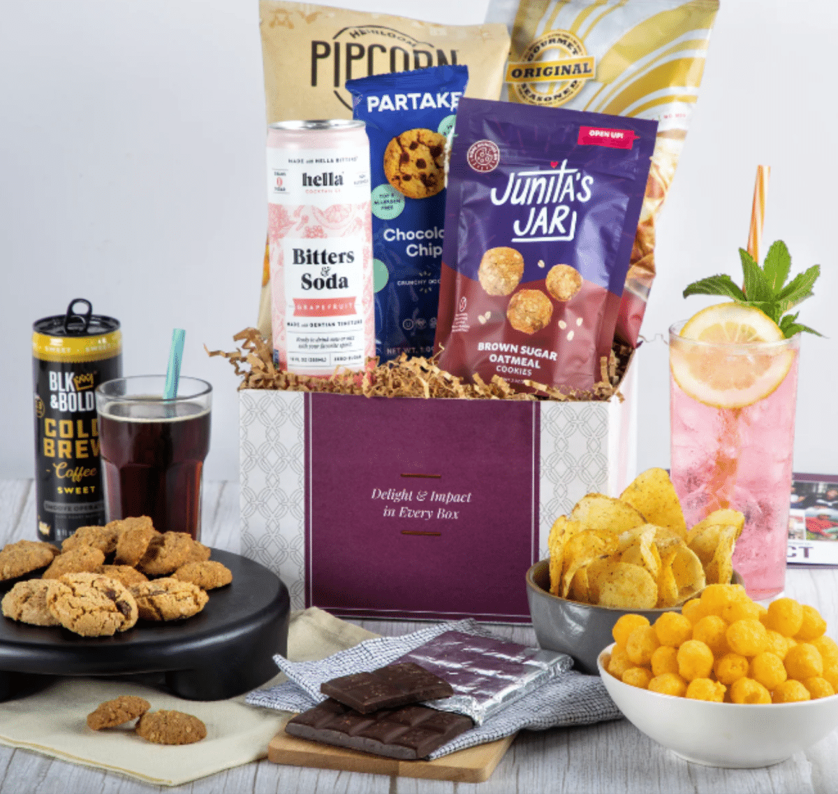 A Packed with Purpose gift box and all of the snacks included