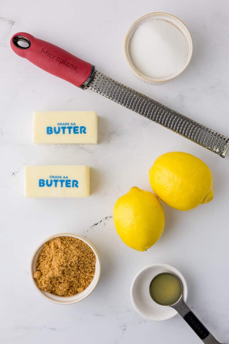 butter, lemon zester, 2 lemons, lemon juice, white and brown sugar