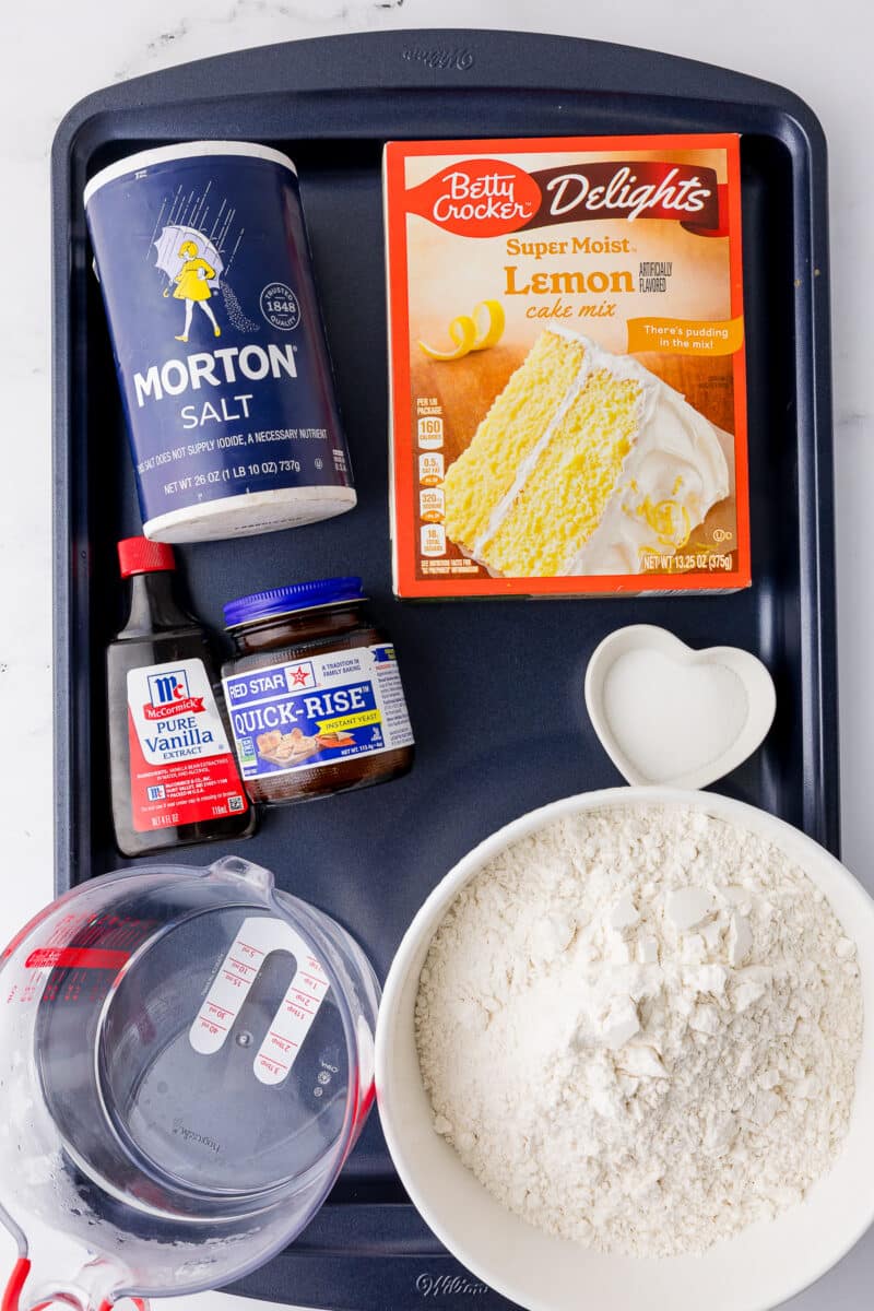 betty crocker lemon cake mix, salt, vanilla, yeast, water, sugar, and flour