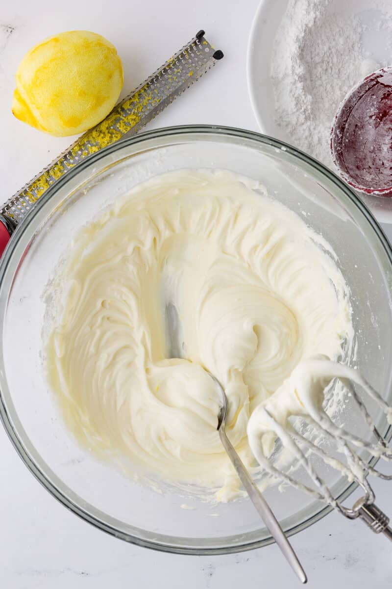 finished cream cheese frosting in a mixing bowl