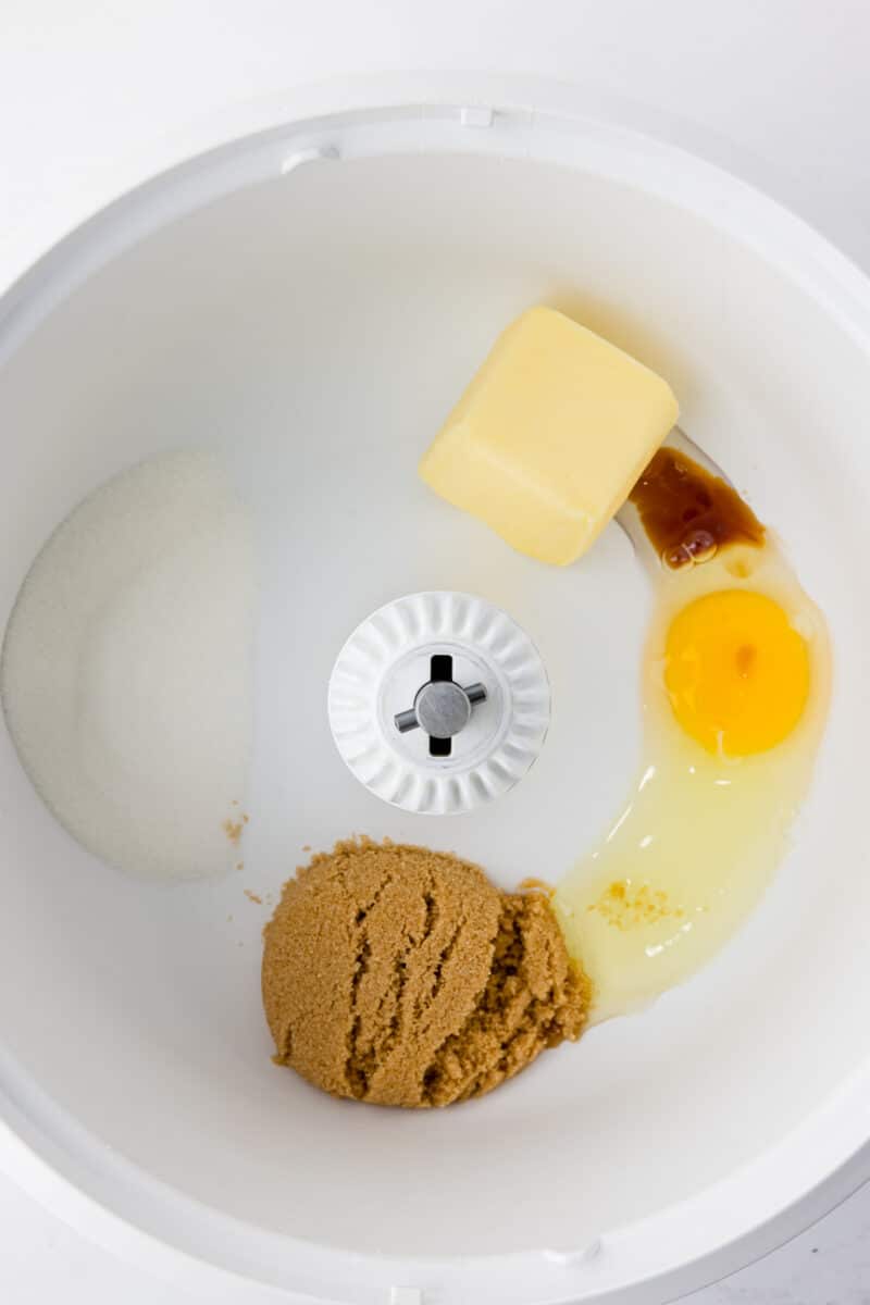 crisco, vanilla, egg, and sugars in mixer bowl of a bosch mixer