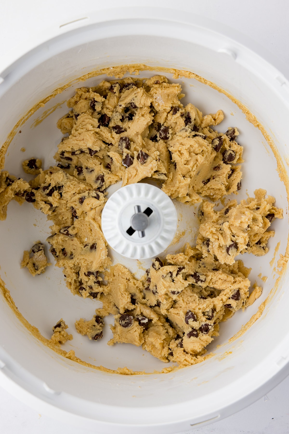 chocolate chip cookie dough in a bosch mixer bowl