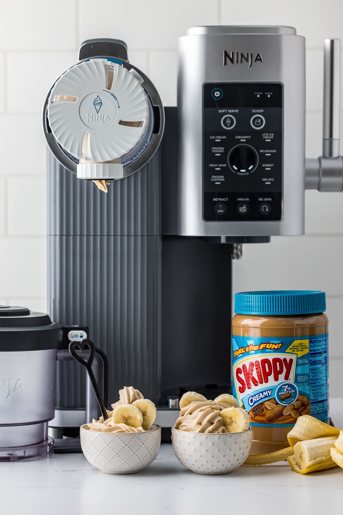 Skippy peanut butter, banana, frozen yogurt, and the ninja creami swirl machine