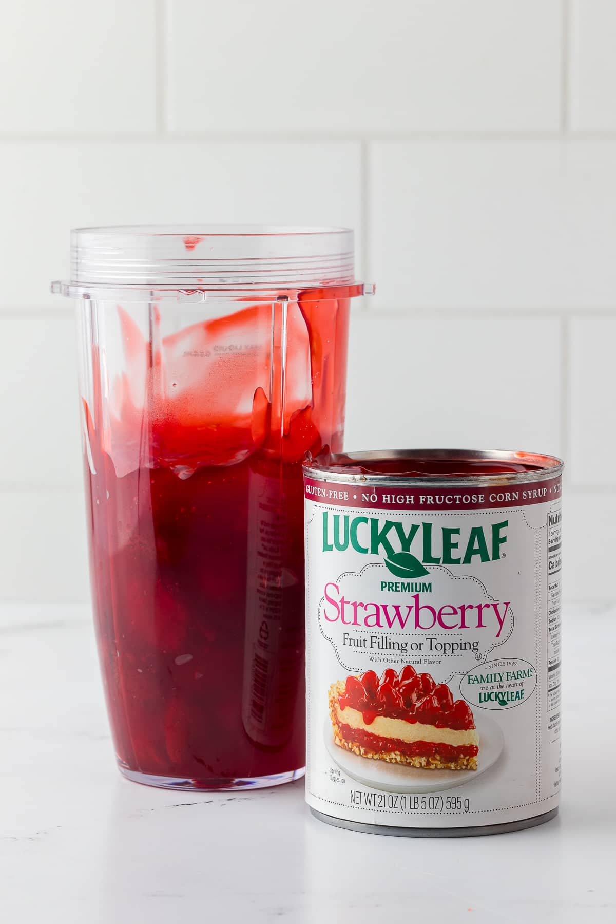 lucky leaf strawberry fruit filing emptied into the ninja blender