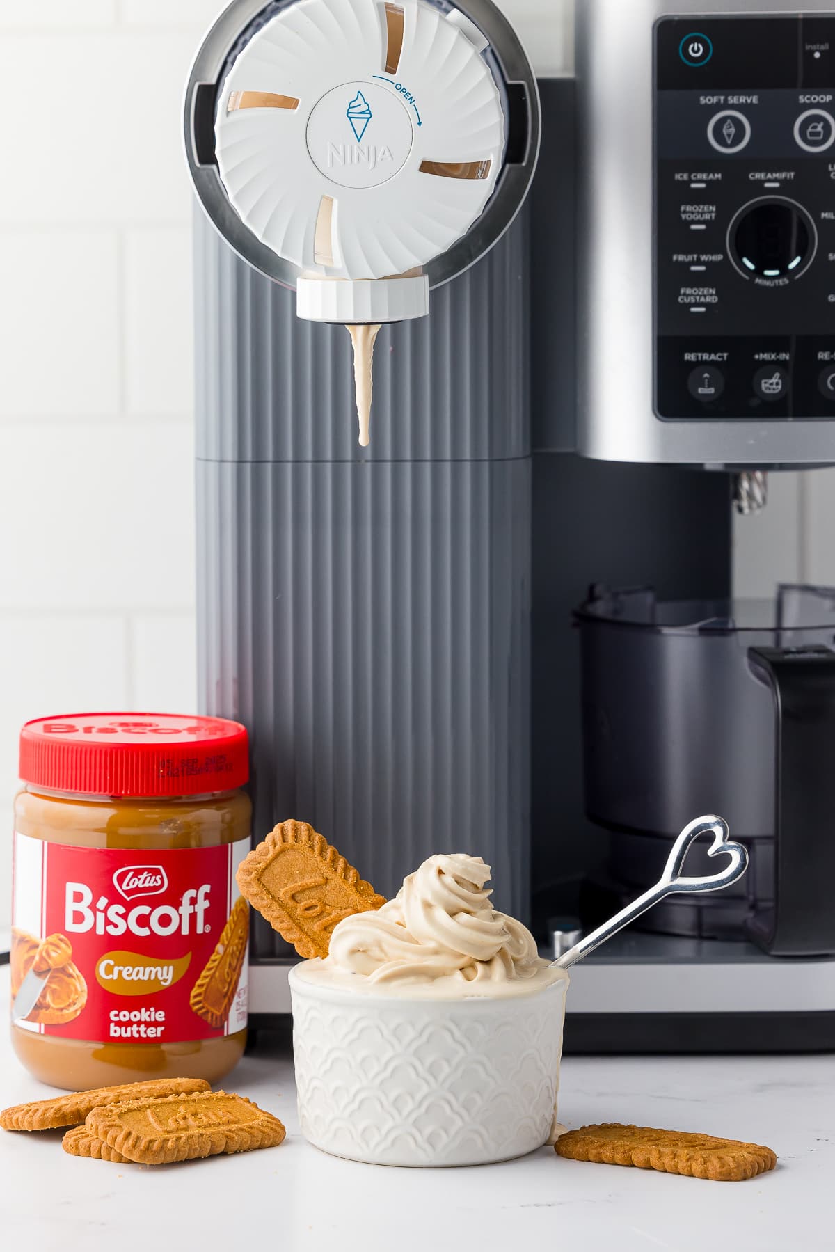 ninja swirl by cream with biscoff ice cream on a white counter