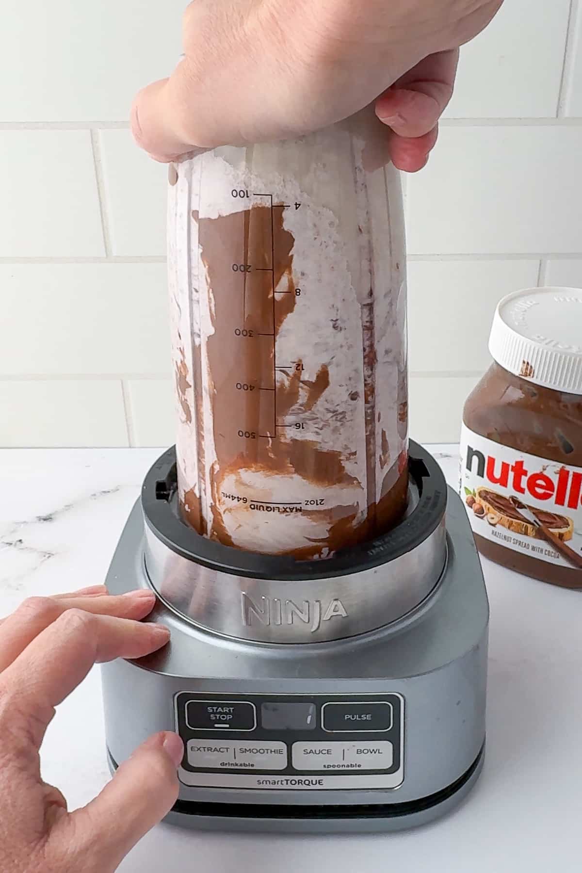 nutella ice cream mixture in a ninja blender