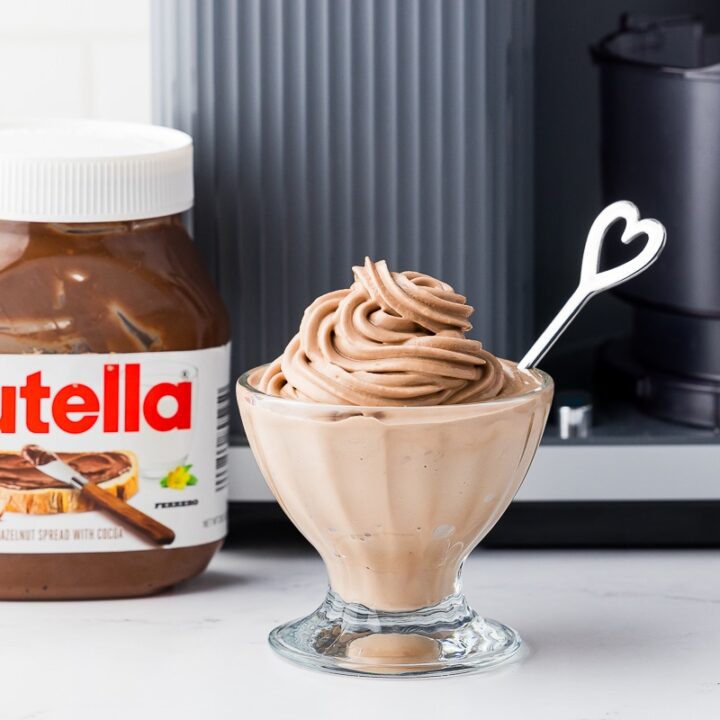 nutella soft swerve ice cream in a sundae bowl in from of the ninja swirl by creami