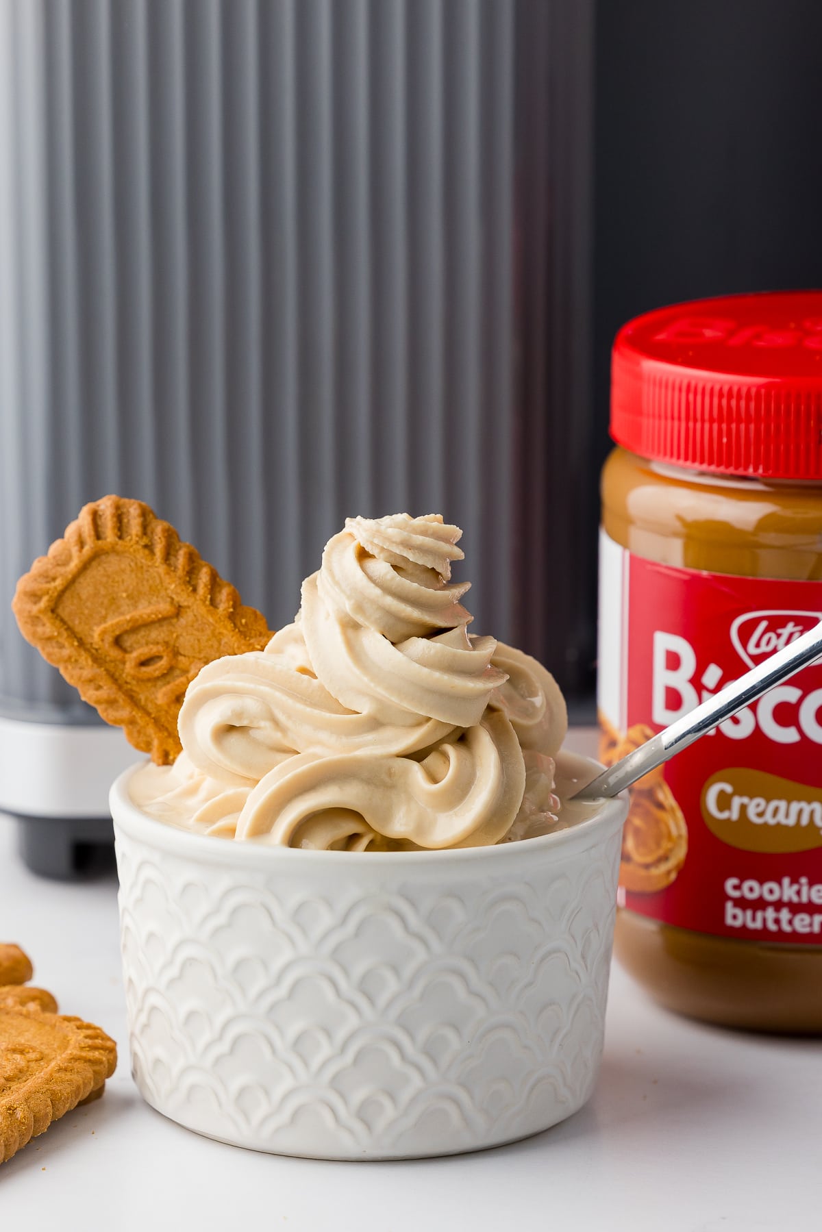 biscoff cookies and biscoff ice cream in front of a ninja swirl by creami