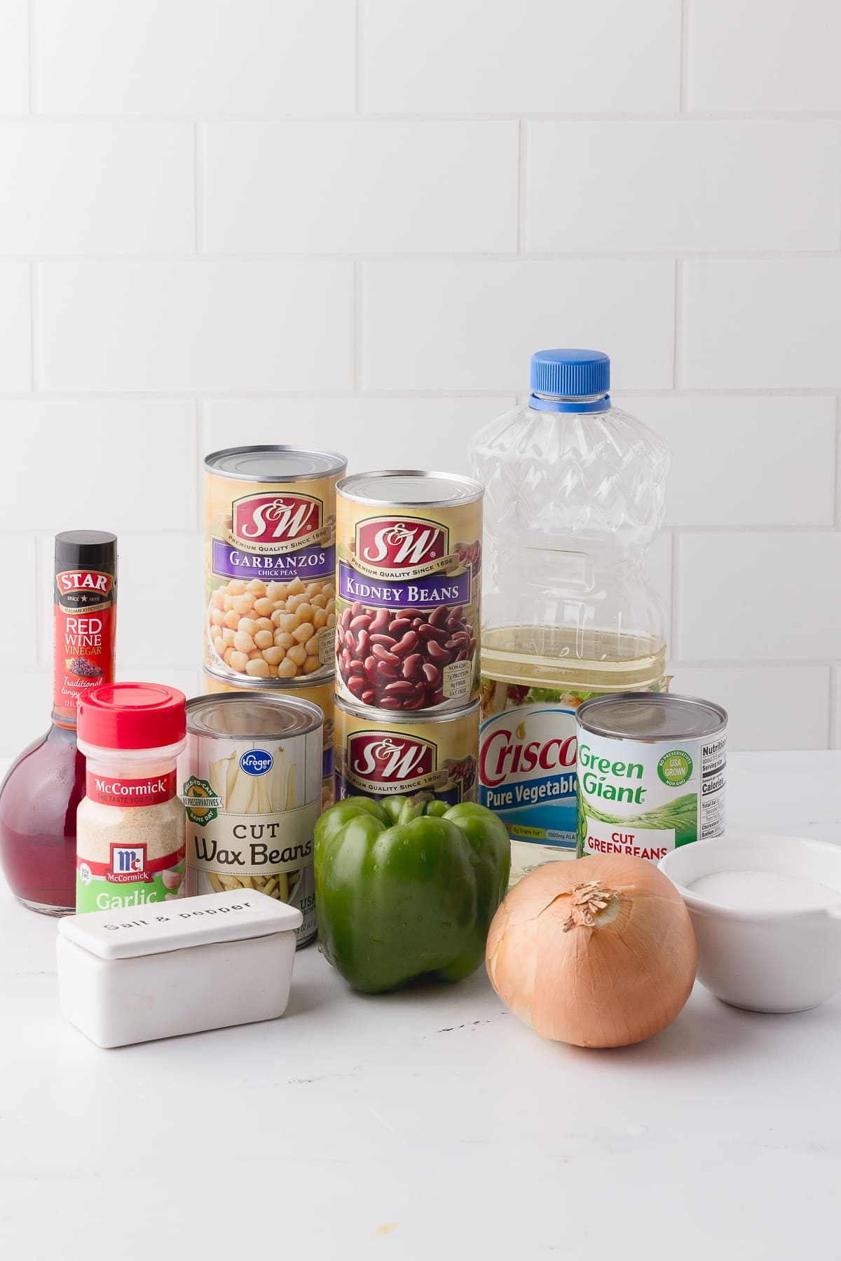 ingredients in packaging for three bean salad with garbanzo beans