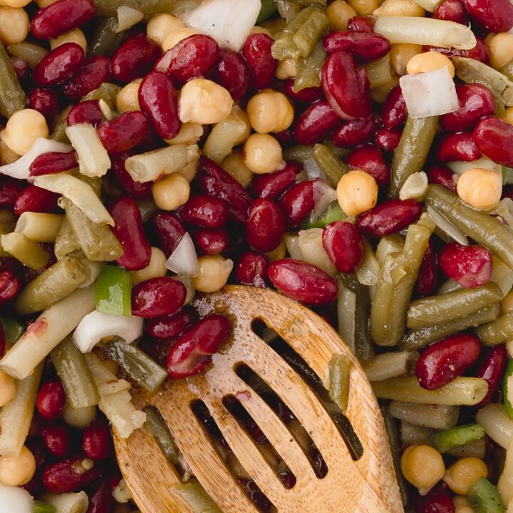 closeup of classic three bean salad with chickpeas