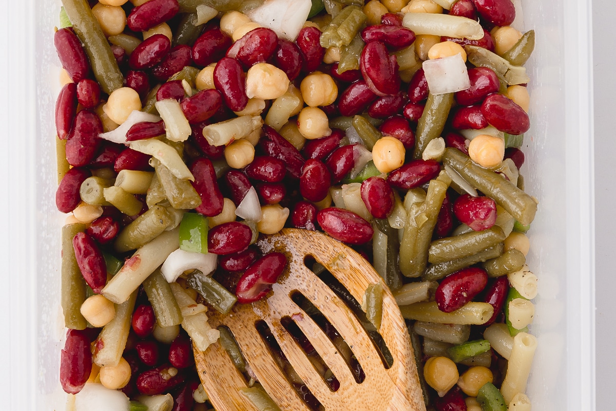 closeup of classic three bean salad with chickpeas