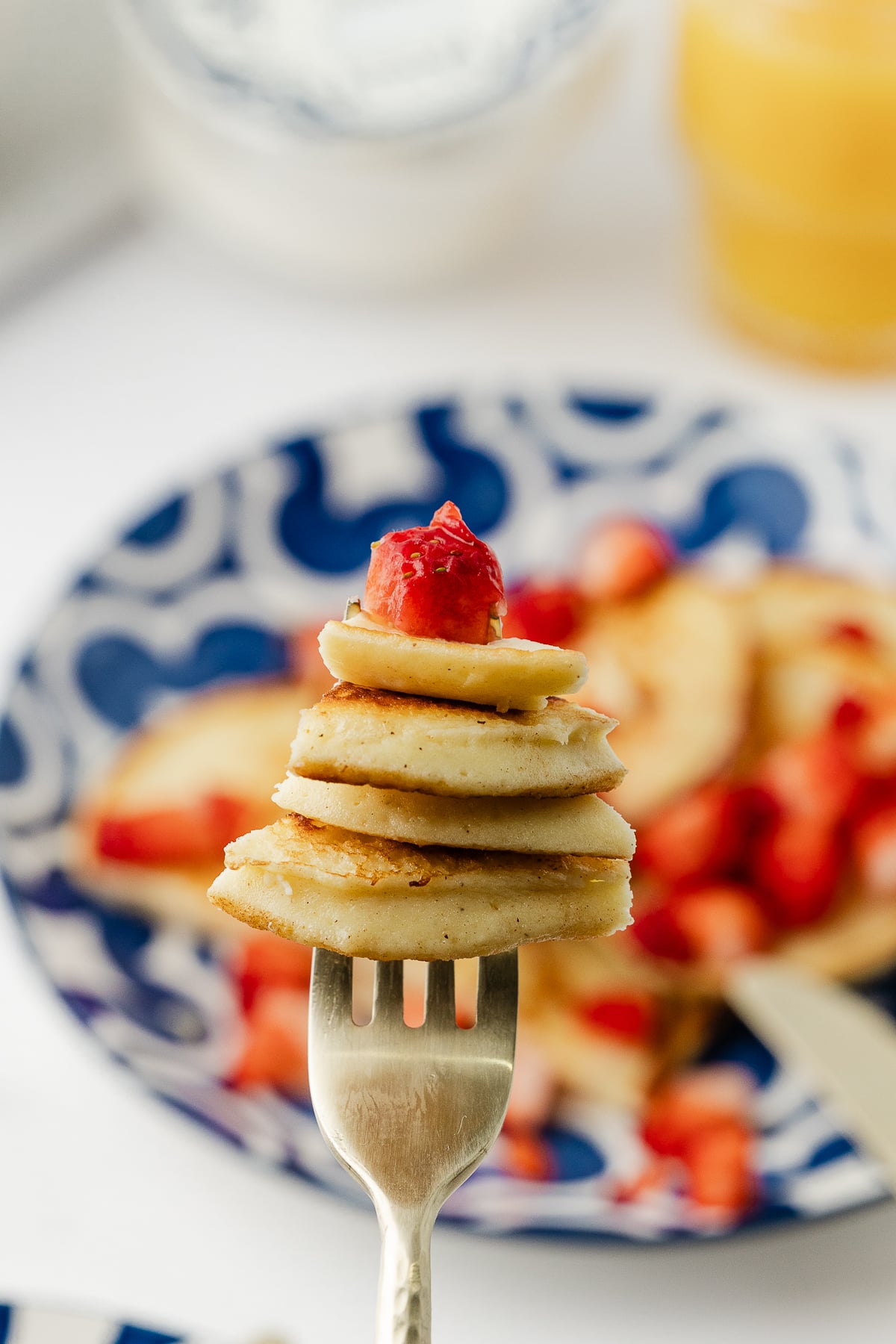 close up of cut protein pancakes on a fork