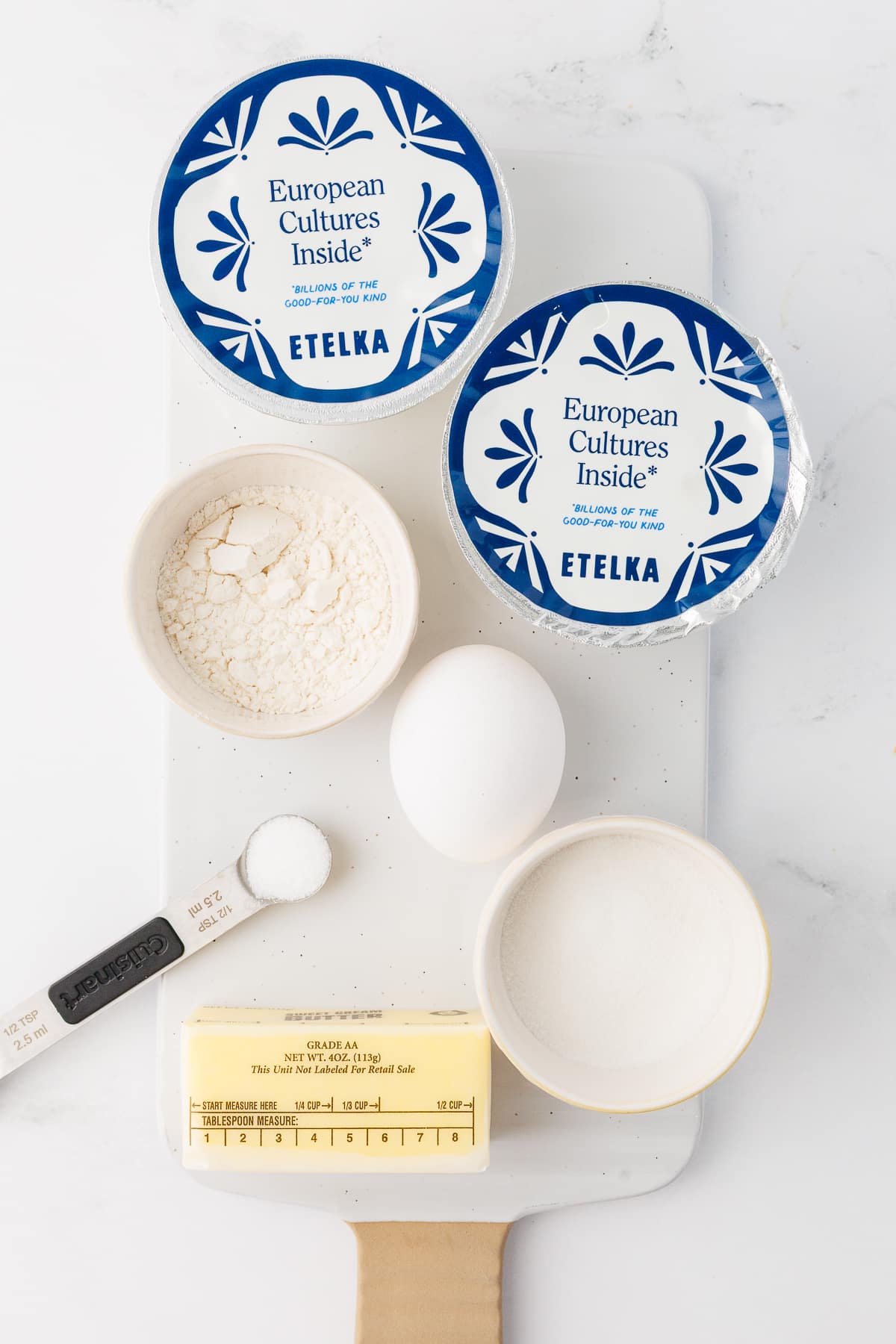 Etelka Cottage Cream, flour, egg, salt, sugar, and butter