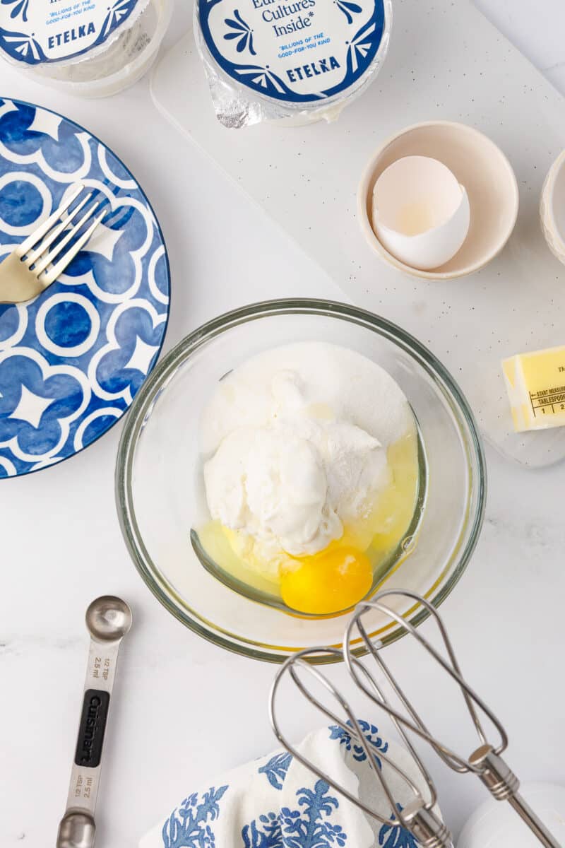ingredients in a blow for cottage cream pancakes