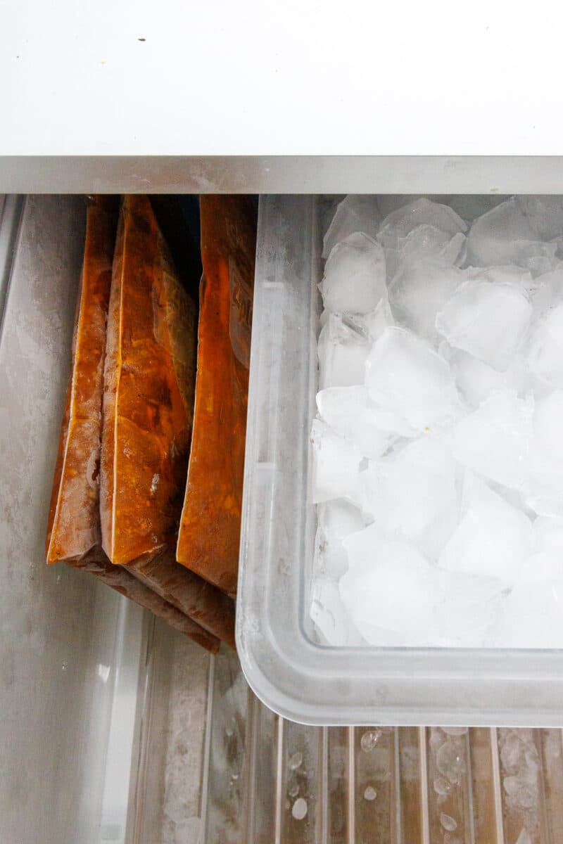 Frozen bags of tomato sauce stacked vertically in a freezer drawer for efficient storage.
