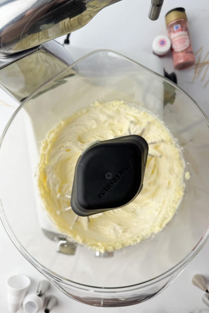Whipped room temperature butter in an Ankarsrum mixer bowl until pale and fluffy.