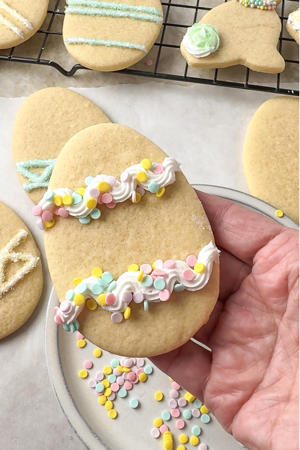 Close up of a sugar cookie easter egg with frosting and spinkles