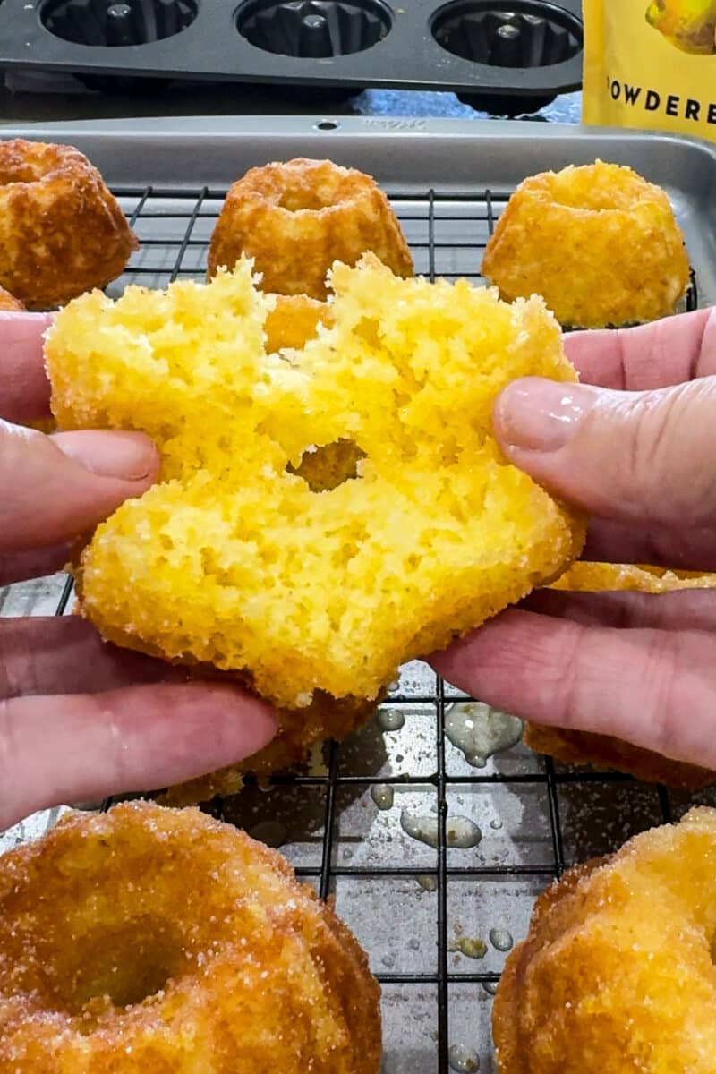 Close-up held in hands showing the moist, tender, and airy crumb texture of a baked mini lemon drizzle cake.