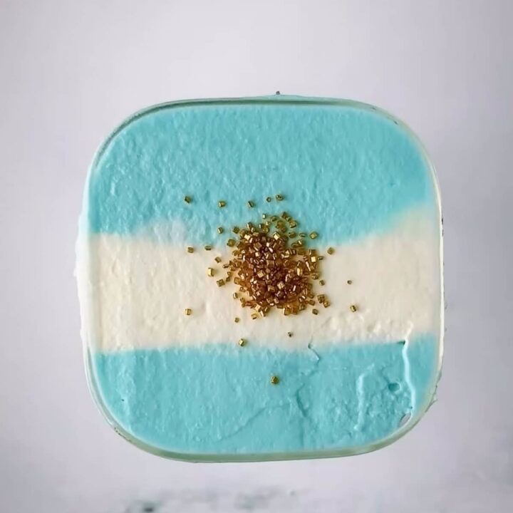 A crisp, macro top-down photograph of a square glass filled with an Argentina flag dirty soda. The surface is layered with thick, velvety homemade cold foam styled into three distinct horizontal stripes—sky blue on the top and bottom, and snowy white through the center. A neat mound of metallic gold Wilton sugar crystals sits perfectly in the middle of the white stripe to represent the flag's sun emblem.